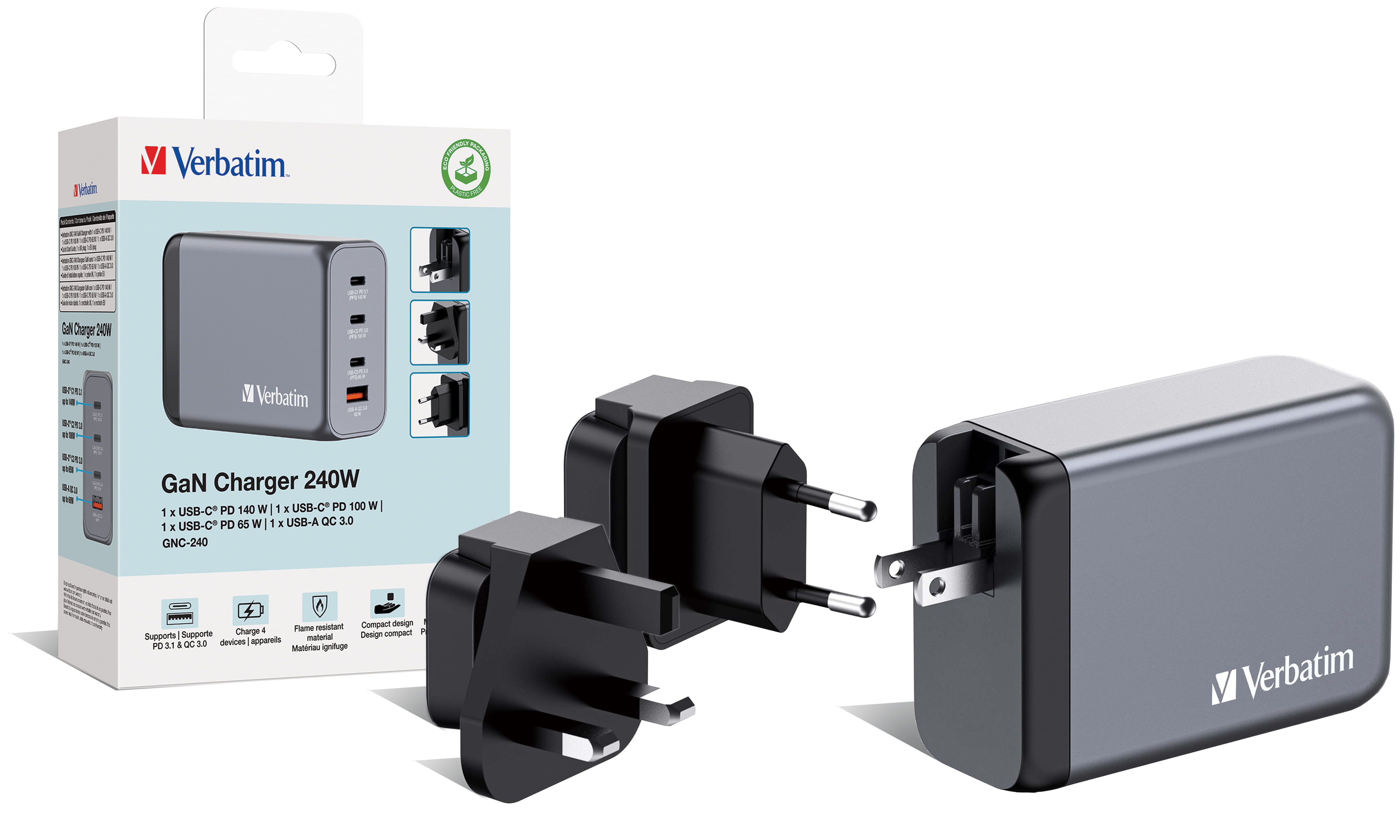 Verbatim Netzteil - GaN - 240 Watt - 5 A - Power Delivery 3.1, QC 3.0, PD 3.0, PD/PPS - 4 Ausgabeanschlussstellen (3 x USB-C, USB Typ A)