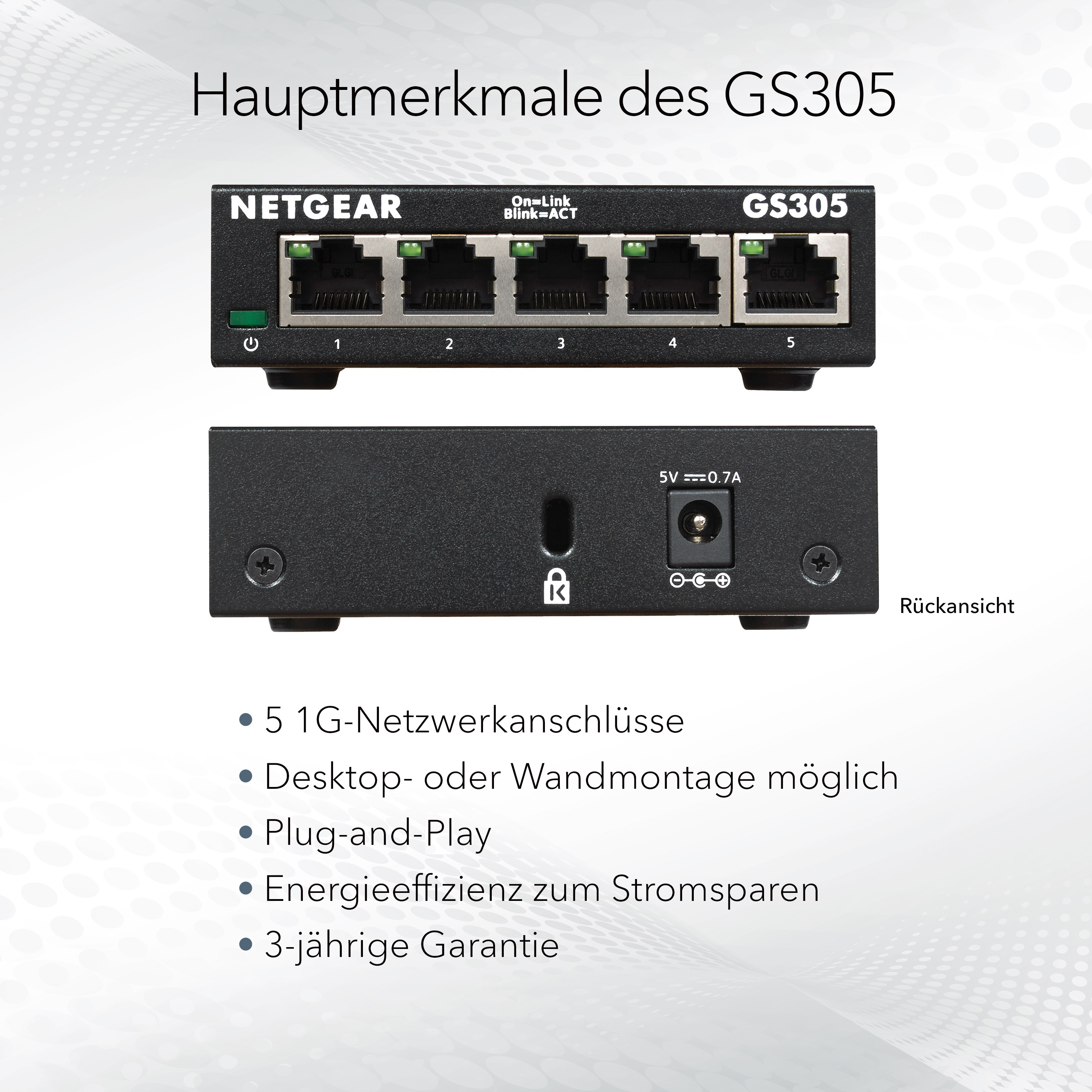 Netgear GS305 - Switch - unmanaged - 5 x 10/100/1000