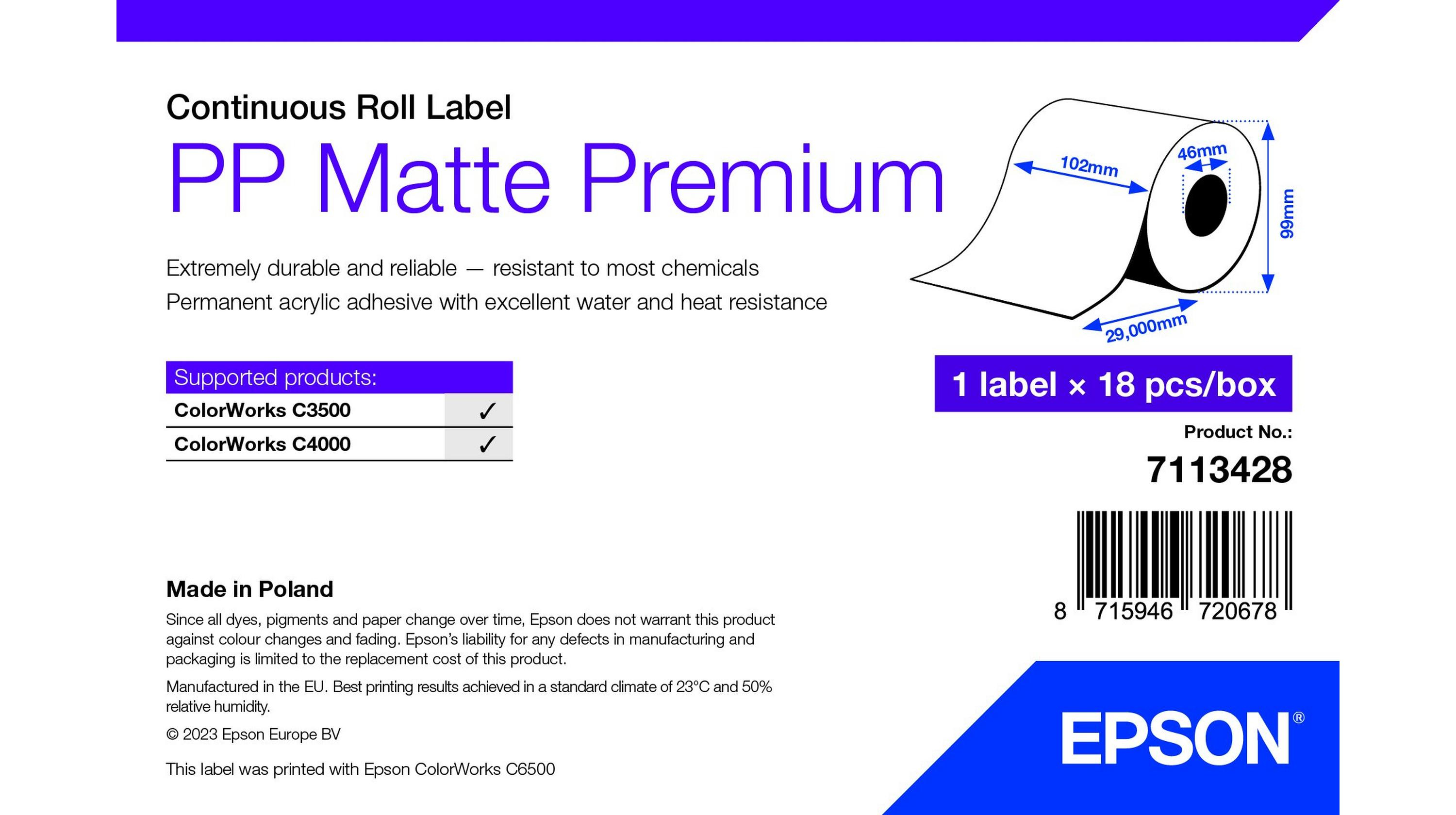 Epson Premium - Polypropylen (PP) - matt - permanenter Acrylklebstoff - Rolle (10,2 cm x 29 m)