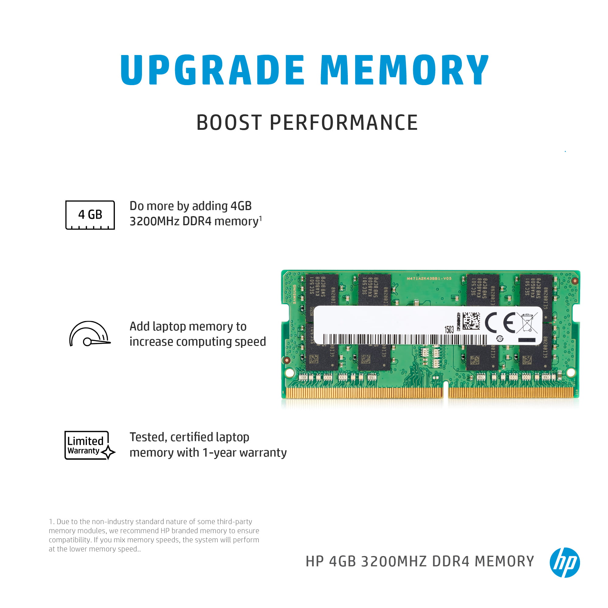 HP  DDR4 - Modul - 4 GB - SO DIMM 260-PIN - 3200 MHz / PC4-25600 - 1.2 V - ungepuffert - non-ECC - für HP 340 G7; EliteBook 640 G9; 650 G9; 655 G9; 830 G8, 835 G7, 835 G8, 840 G8, 845 G8, 850 G8, 855 G8; ProBook 445 G7, 450 G7, 450 G9, 455 G7, 455 G9, 6