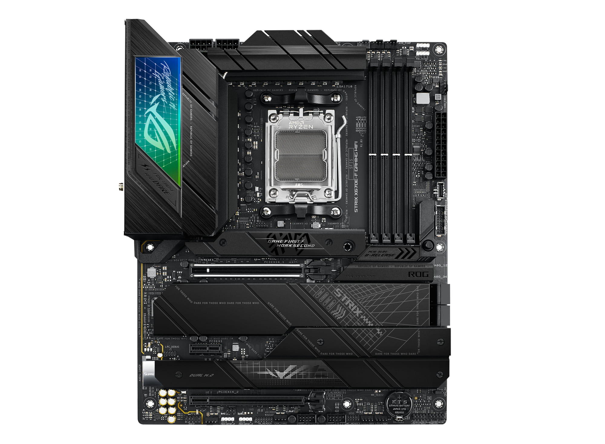 ASUS ROG Strix X670E-F Gaming WiFi - Motherboard - ATX - Socket AM5 - AMD X670E Chipsatz - USB-C 3.2 Gen 2x2, USB 3.2 Gen 1, USB-C 3.2 Gen2, USB 3.2 Gen 2 - 2.5 Gigabit LAN, Wi-Fi 6, Bluetooth - Onboard-Grafik (CPU erforderlich)