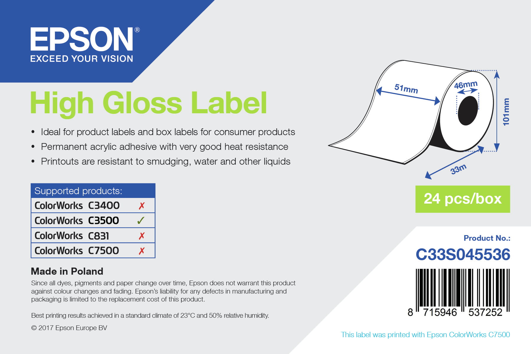Epson Hochglänzend - Rolle (5,1 cm x 33 m) 1 Rolle(n) Etiketten - für ColorWorks CW-C4000E (BK)
