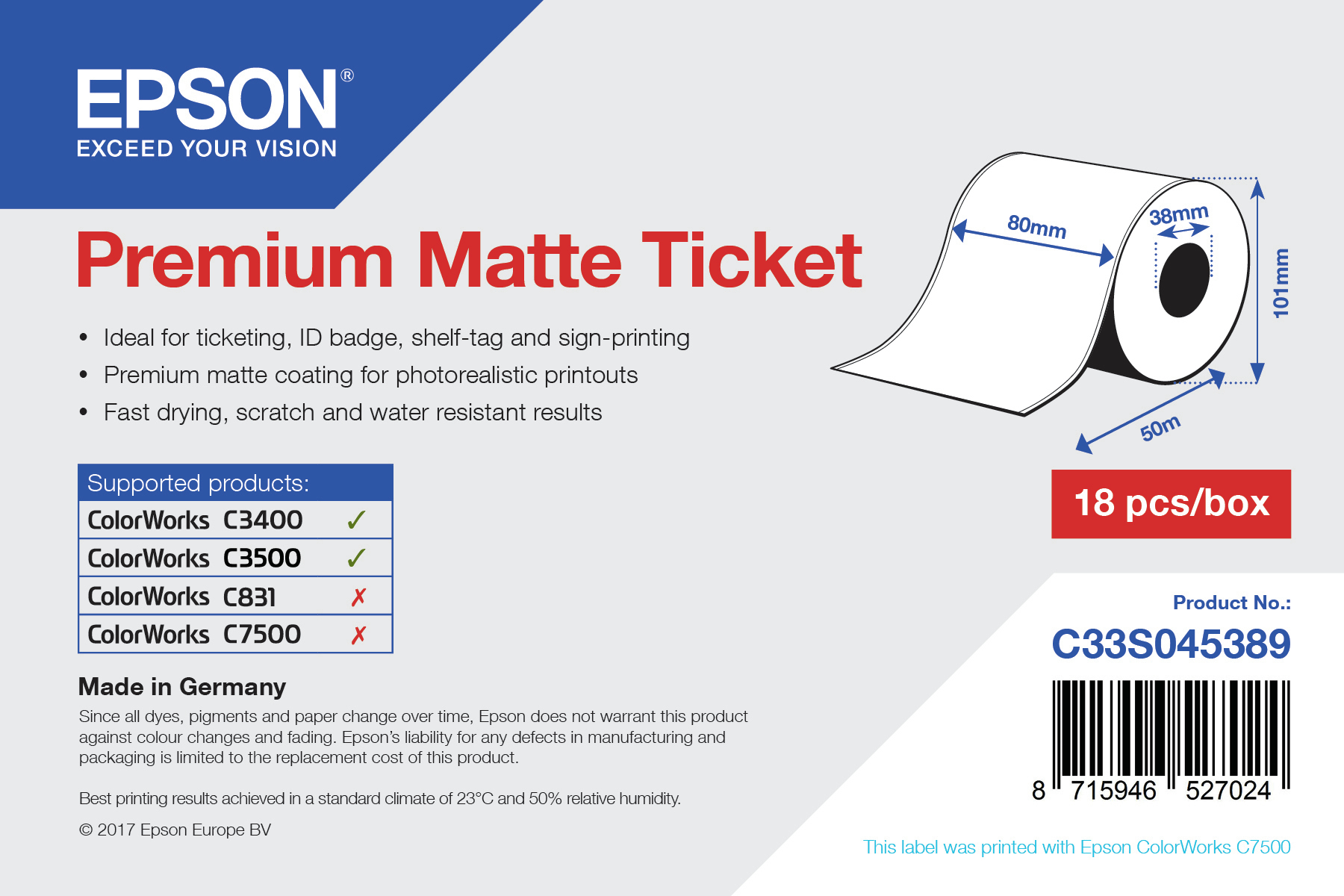 Epson Premium - Matt - Rolle (8 cm x 50 m) 1 Rolle(n) Tickets