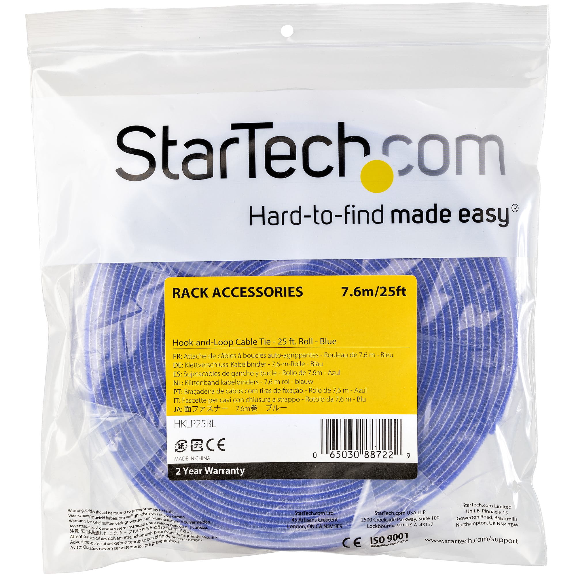StarTech.com HKLP25BL Klettkabelbinder (7,6m, frei zuschneidbar & wiederverwendbar) blau