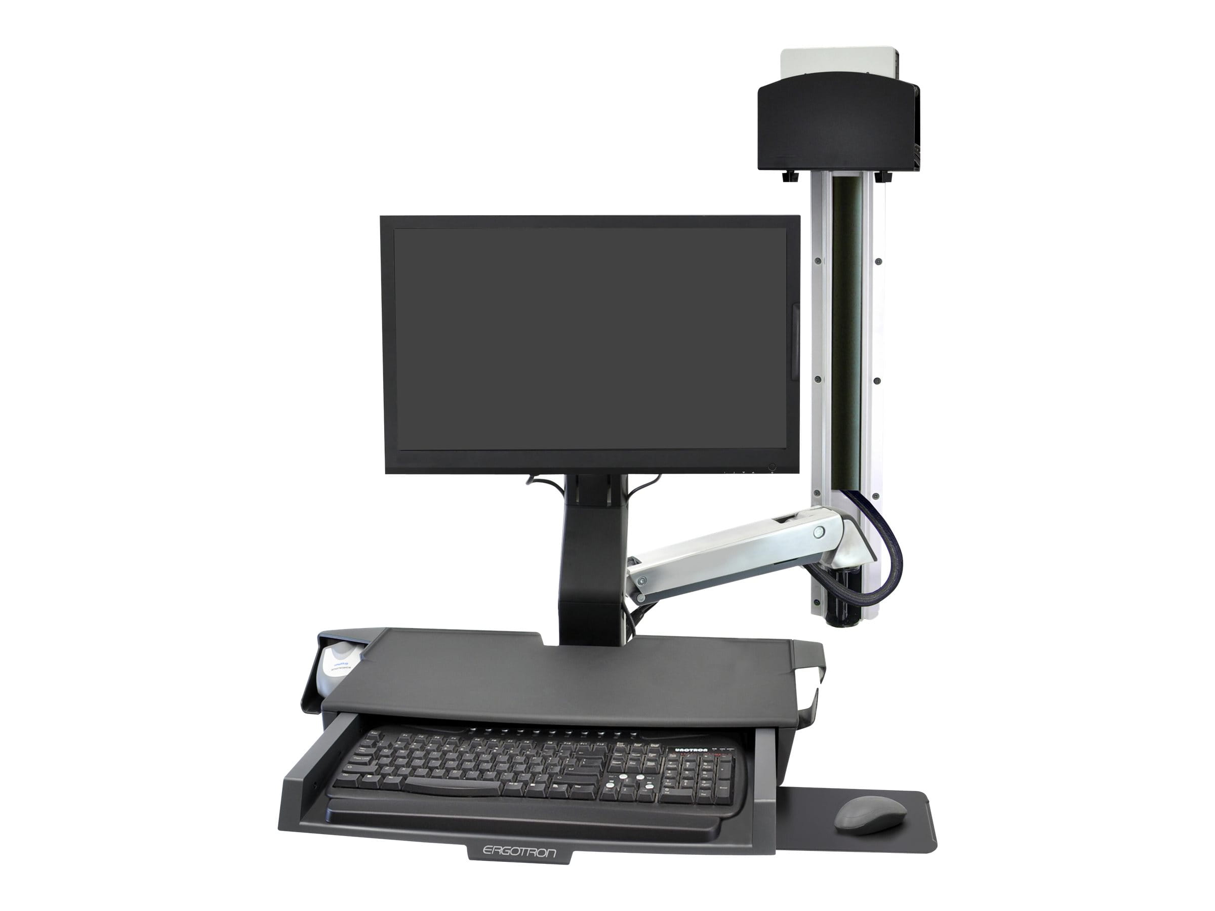 Ergotron Sit-Stand Combo Ablageflächen-System - Befestigungskit (Griff, CPU-Halter, 2 Schienenabdeckungen, 2 Kabelkanäle, Handgelenkkissen, Display-Halterung, Tastatur-Tablett, CPU Wandhalterung, Mausablage zum Herausziehen, VESA-Halterung, Wandschiene