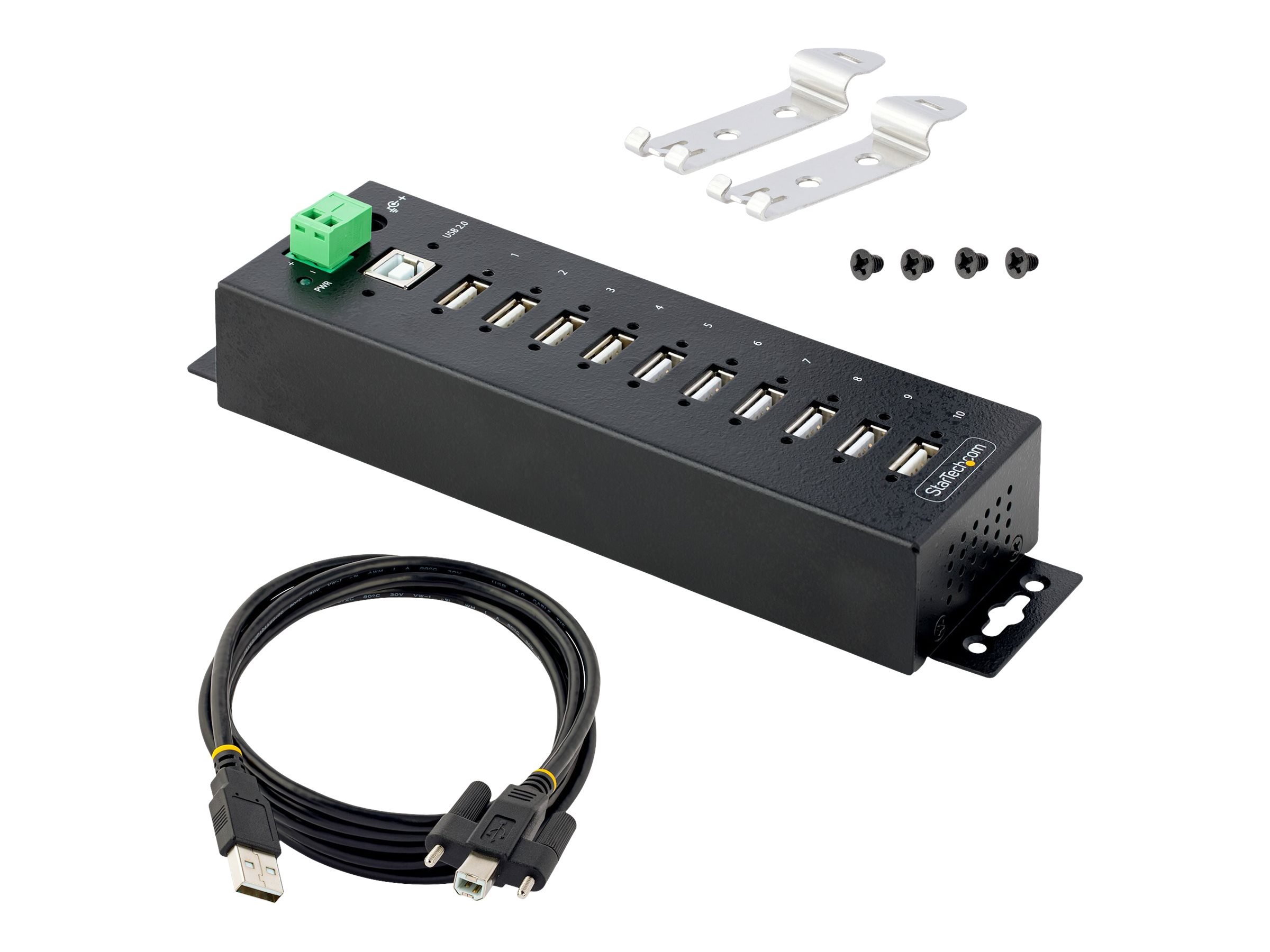 StarTech.com 10-Port Industrial USB 2.0 Hub, Rugged USB Hub w/15kV Air/8kV Contact ESD Level 4 Protection, DIN/Wall/Desk Mountable USB-A Hub, Multiport USB Hub with Locking Ports - Metal Construction (USB210AIND-USB-A-HUB)