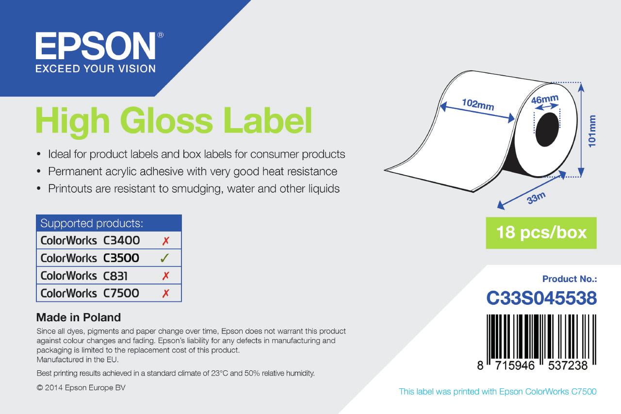 Epson Hochglänzend - Rolle (10,2 cm x 33 m) 1 Rolle(n) Etiketten - für ColorWorks CW-C4000E (BK)
