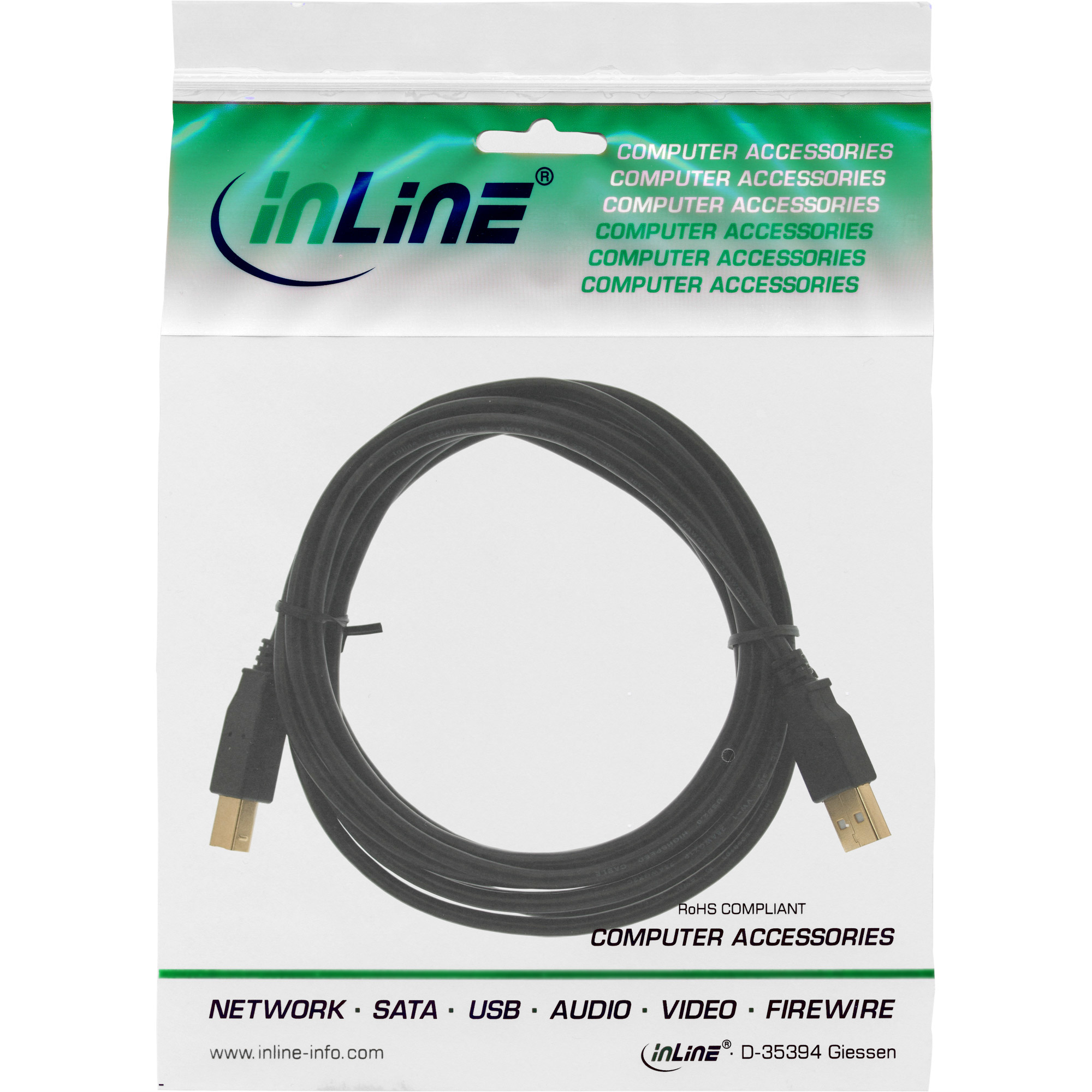 InLine USB 2.0 Kabel - A an B - schwarz - Kontakte gold - 5m