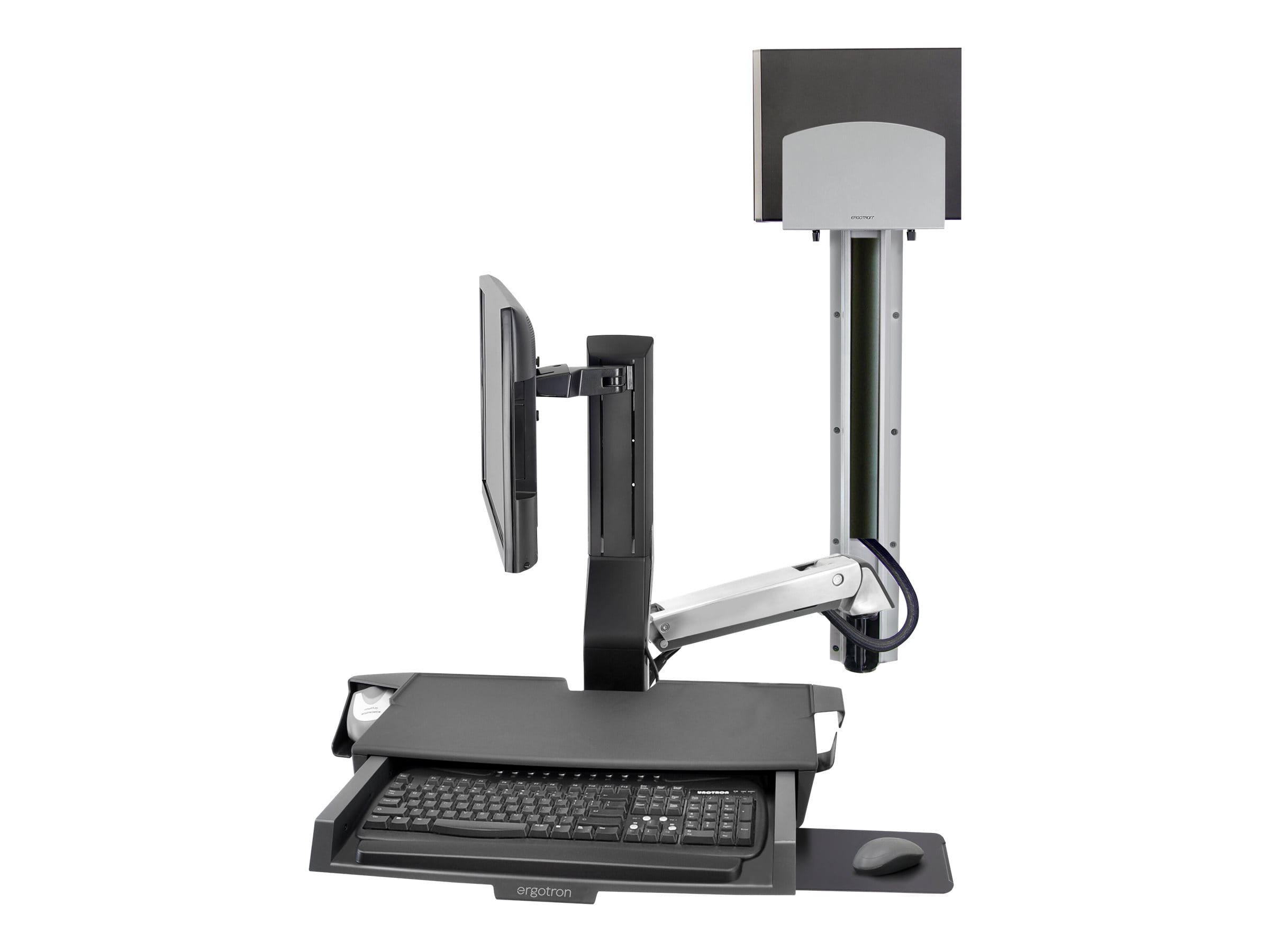 Ergotron SV Combo System with Worksurface & Pan, Medium CPU Holder - Befestigungskit (CPU-Halter, Handgelenkkissen, Wandmontagehalterung, Schienenmontage Halterungsset, Mausablage zum Herausziehen, Monitorhalterung, Ablage für Barcode-Scanner und Maus, 