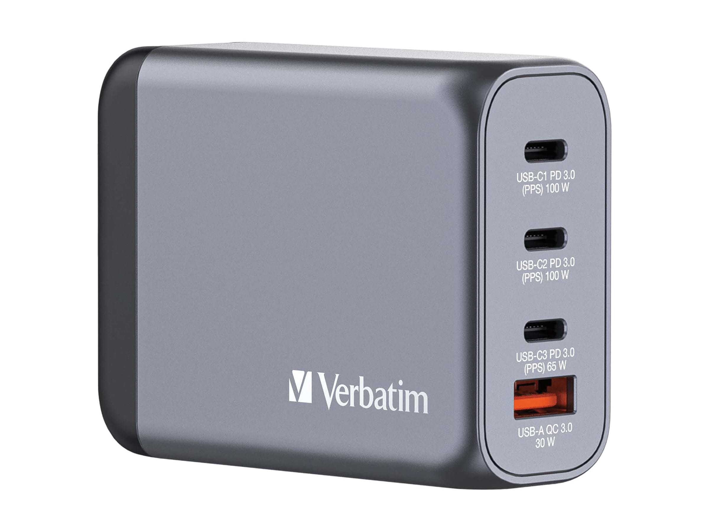 Verbatim Netzteil - GaN - 100 Watt - 5 A - PD 3.0, PD/PPS, QC 3.0 - 4 Ausgabeanschlussstellen (3 x USB-C, USB)