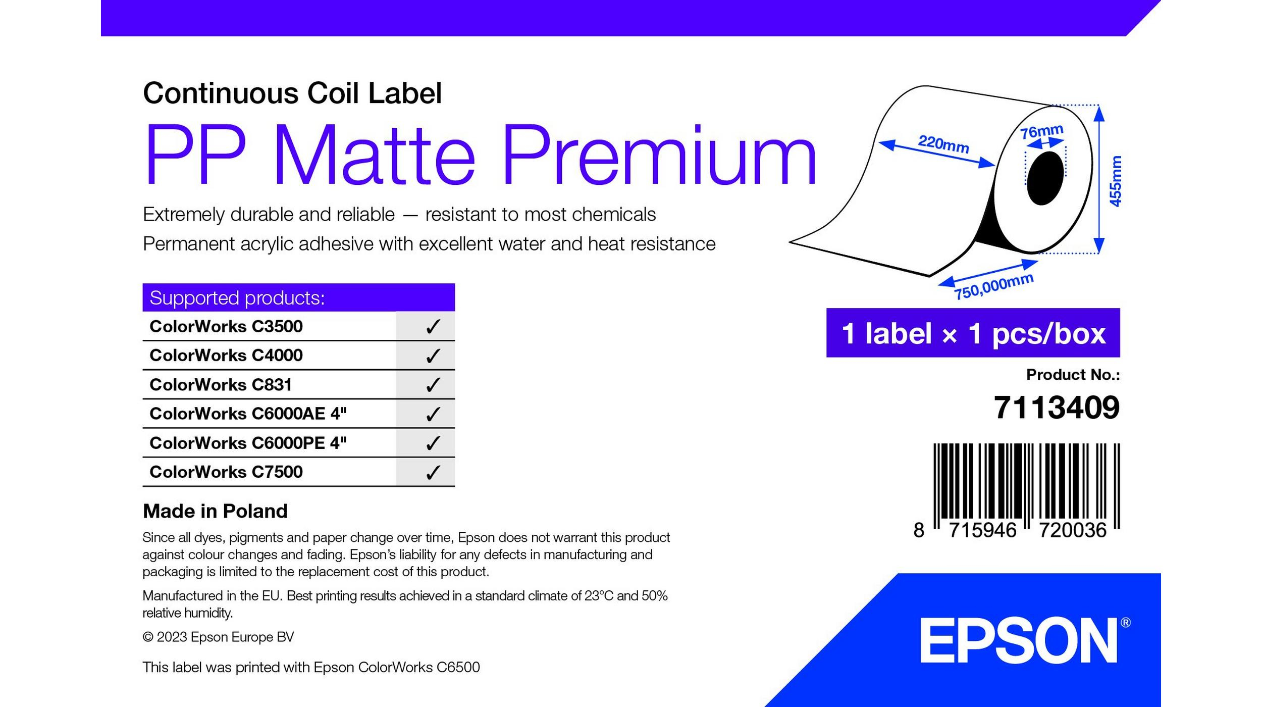 Epson Premium - Polypropylen (PP) - matt - permanenter Acrylklebstoff - Rolle (22 cm x 750 m)