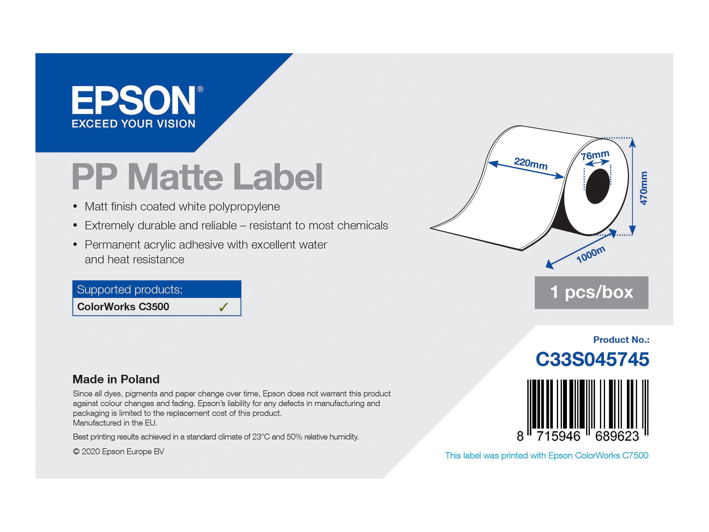 Epson Matt - Rolle (22 cm x 750 m) 1 Rolle(n) Etikettenpapier - für ColorWorks CW-C4000E (BK)