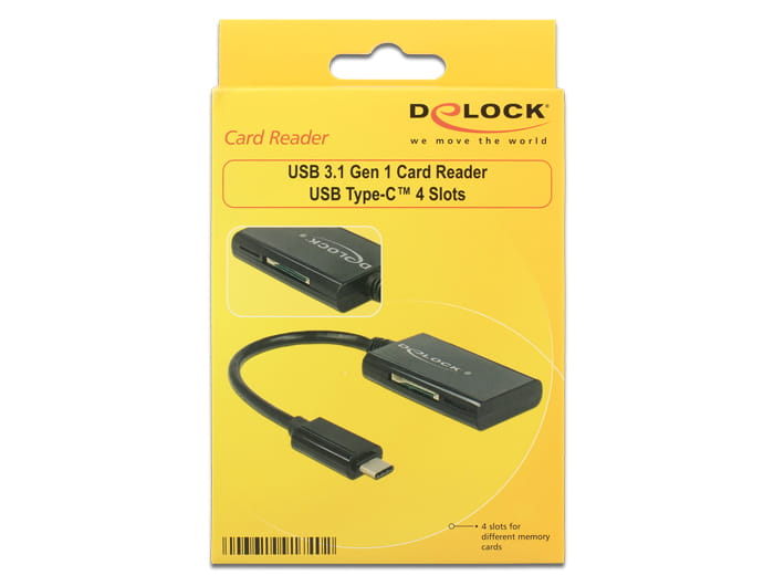 Delock USB 3.1 Gen 1 Card Reader USB Type-C male 4 Slots - Kartenleser - All-in-one (MMC, SD, miniSD, RS-MMC, TransFlash, MMCmobile, microSD, MMCmicro, SDHC, miniSDHC, microSDHC, SDXC, microSDXC, SDHC UHS-I, microSDHC UHS-I)