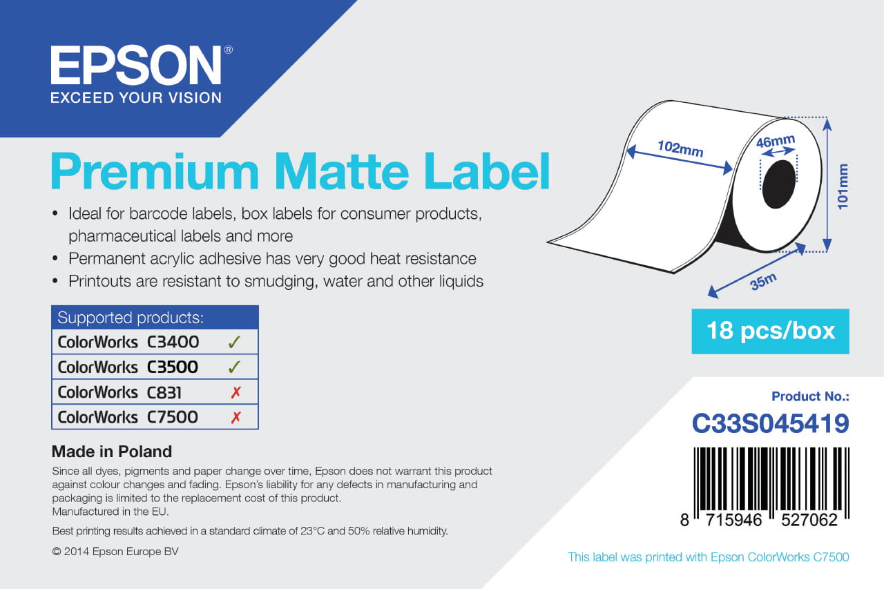 Epson Premium - Matt - Rolle (10,2 cm x 35 m) 1 Rolle(n) Etiketten-Endlospapier - für Epson TM-C3400-LT; ColorWorks CW-C4000E (BK)