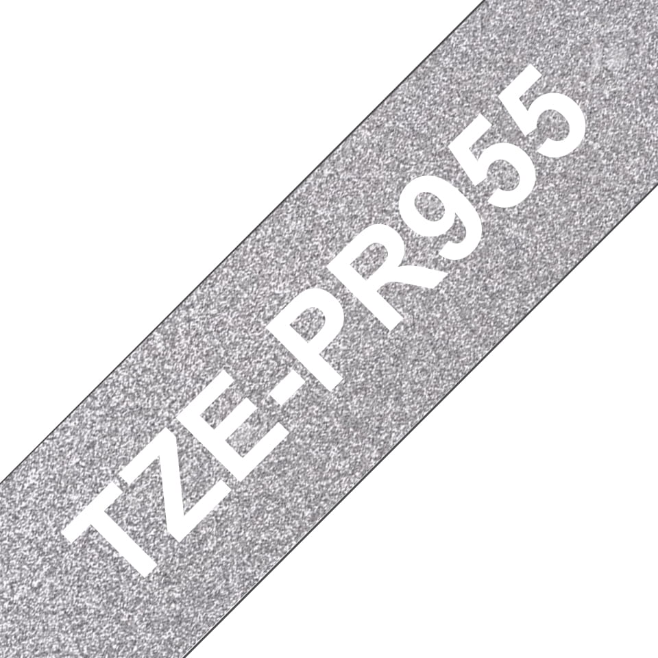 Brother TZe-PR955 - Weißer Druck auf Premium Glitter Silver - Rolle (2,4 cm x 8 m)