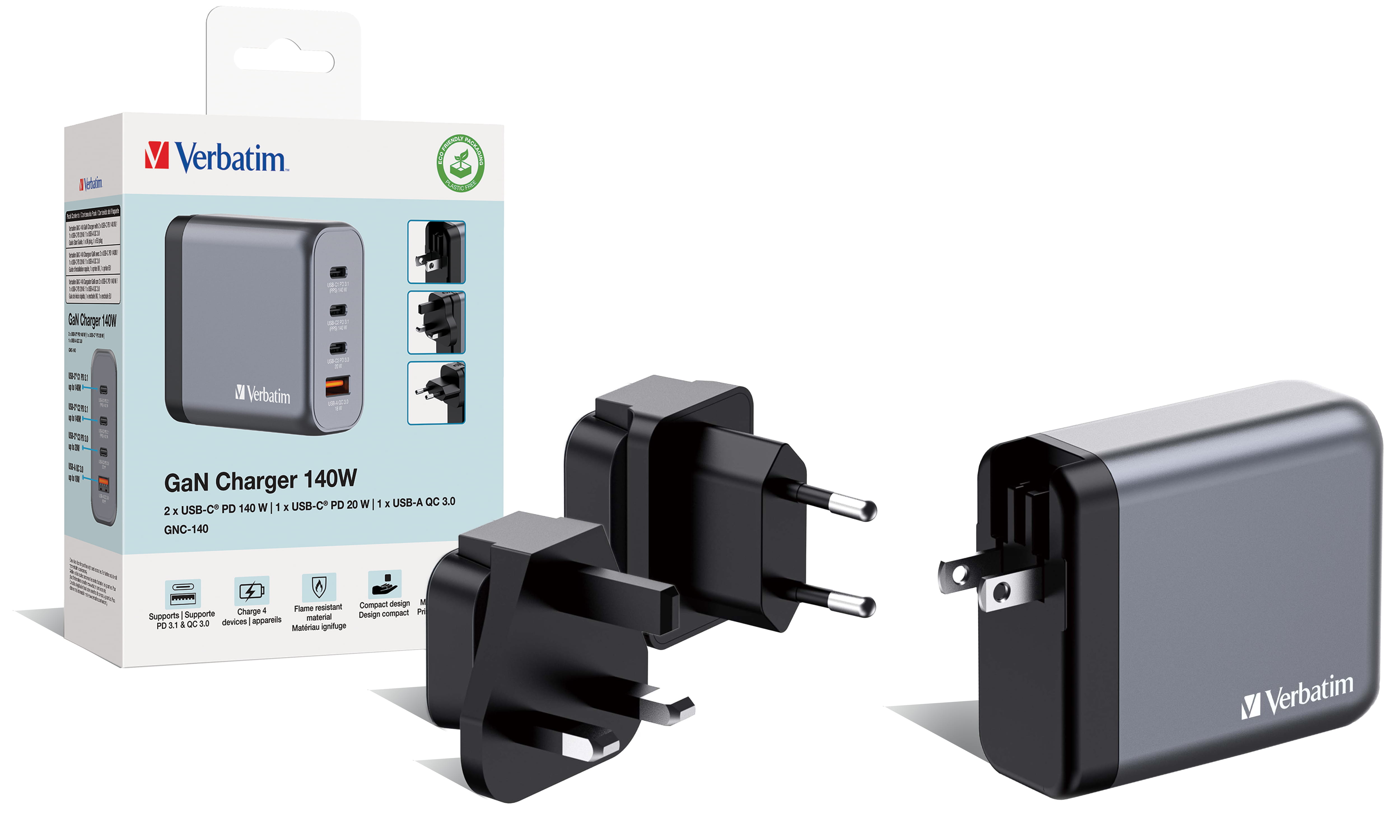 Verbatim Netzteil - GaN - 140 Watt - 5 A - PD 3.0, Power Delivery 3.1, QC 3.0, PD/PPS - 4 Ausgabeanschlussstellen (3 x USB-C, USB)