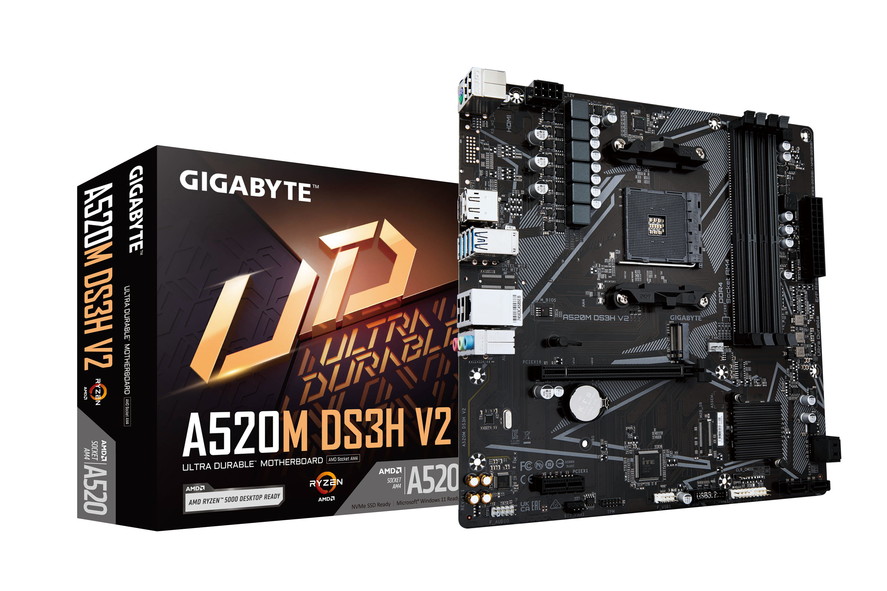 Gigabyte A520M DS3H V2 Mainboard - Unterstützt AMD Ryzen 5000 Serie AM4 CPUs, bis zu 4733 MHz DDR4 (OC), PCIe 3.0 x16, GbE LAN, USB 3.2 Gen 1, AMD, Sockel AM4, AMD Ryzen 3000 Series, AMD Ryzen Threadripper 3000 Series, AMD Ryzen Threadripper PRO 3000 WX