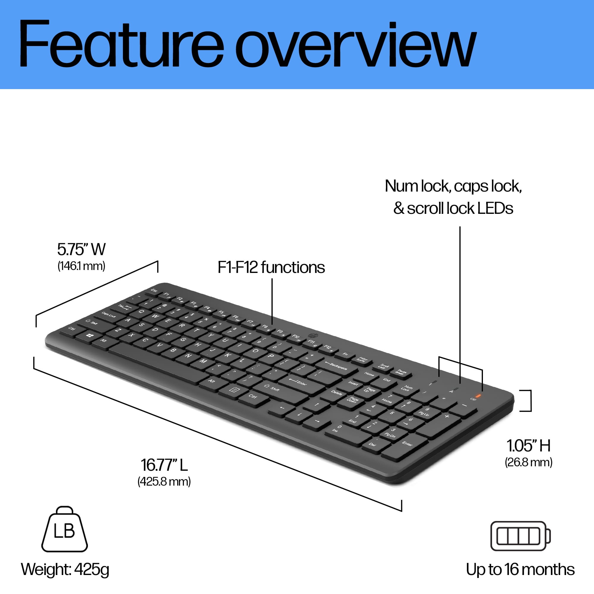 HP 225 - Tastatur - 2,5-Zonen-Layout - kabellos