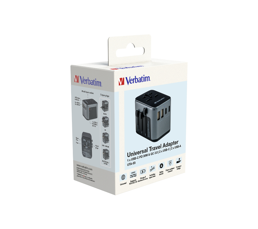 Verbatim UTA-03 - Netzteil - 30 Watt - PD 3.0, Quick Charge 3.0 - 4 Ausgabeanschlussstellen (24 pin USB-C, USB)