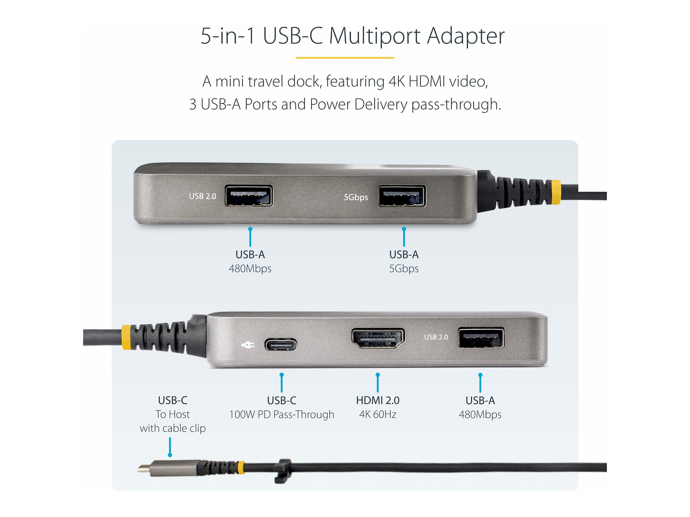 StarTech.com USB-C Multiport Adapter, 4K 60Hz HDMI, HDR, 3-Port USB Hub, 100W Power Delivery Pass-Through, USB Type C Mini Docking Station, Certified Works with Chromebook - Windows, macOS, iPadOS, Android (104B-USBC-MULTIPORT)