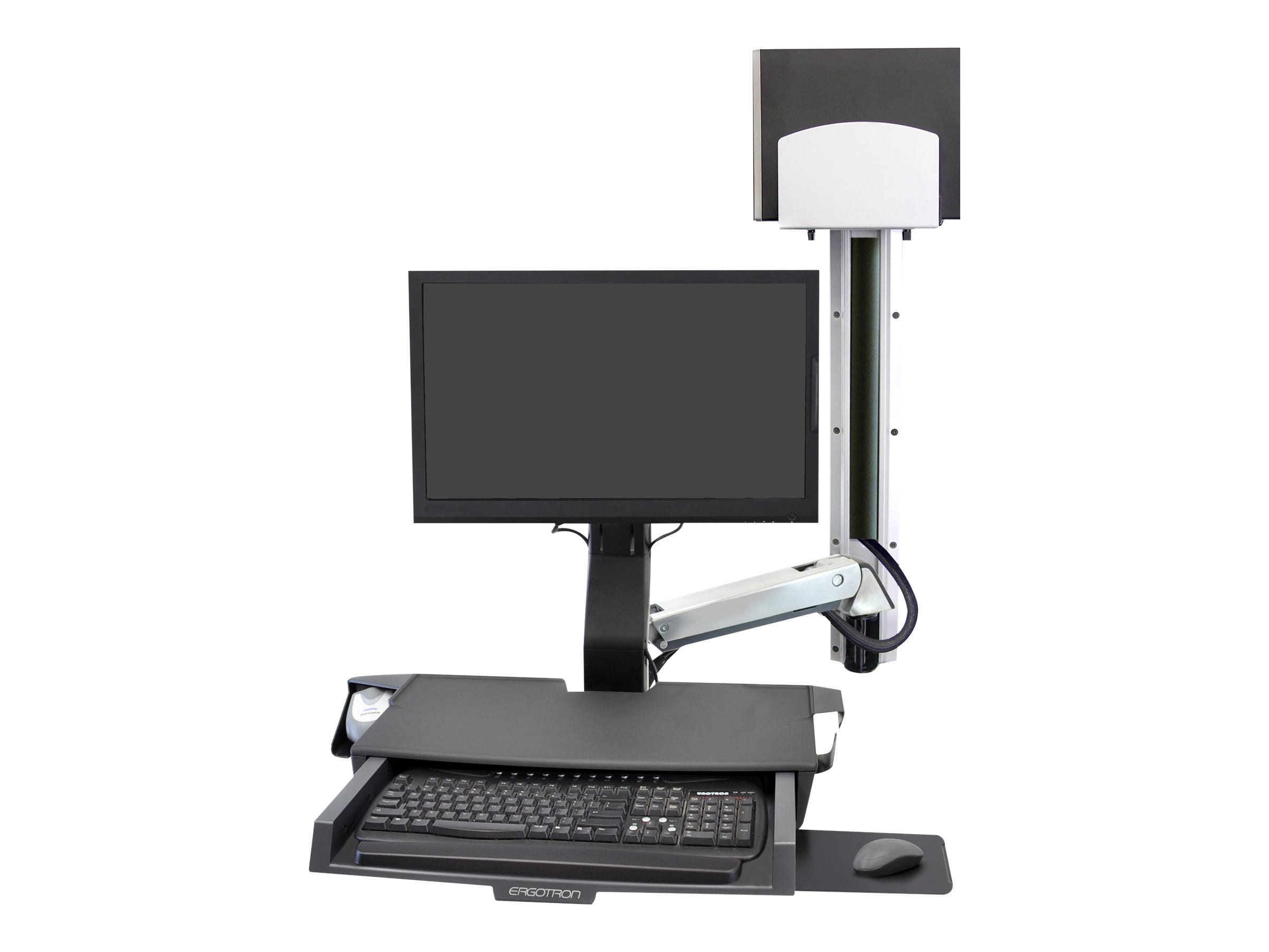 Ergotron SV Combo System with Worksurface & Pan, Medium CPU Holder - Befestigungskit (CPU-Halter, Handgelenkkissen, Wandmontagehalterung, Schienenmontage Halterungsset, Mausablage zum Herausziehen, Monitorhalterung, Ablage für Barcode-Scanner und Maus, 