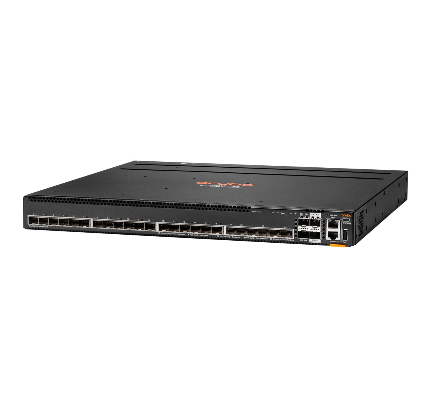 HPE Aruba 6300M 24p SFP+ LRM support and 2p 50G and 2p 25G MACsec Switch - Switch - L3 - managed - 24 x 1 Gigabit / 10 Gigabit SFP+ + 2 x 1 Gigabit / 10 Gigabit / 25 Gigabit / 50 Gigabit SFP56 (Uplink / Stacking)