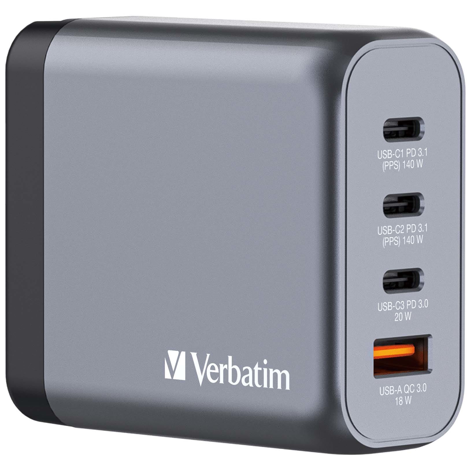 Verbatim Netzteil - GaN - 140 Watt - 5 A - PD 3.0, Power Delivery 3.1, QC 3.0, PD/PPS - 4 Ausgabeanschlussstellen (3 x USB-C, USB)