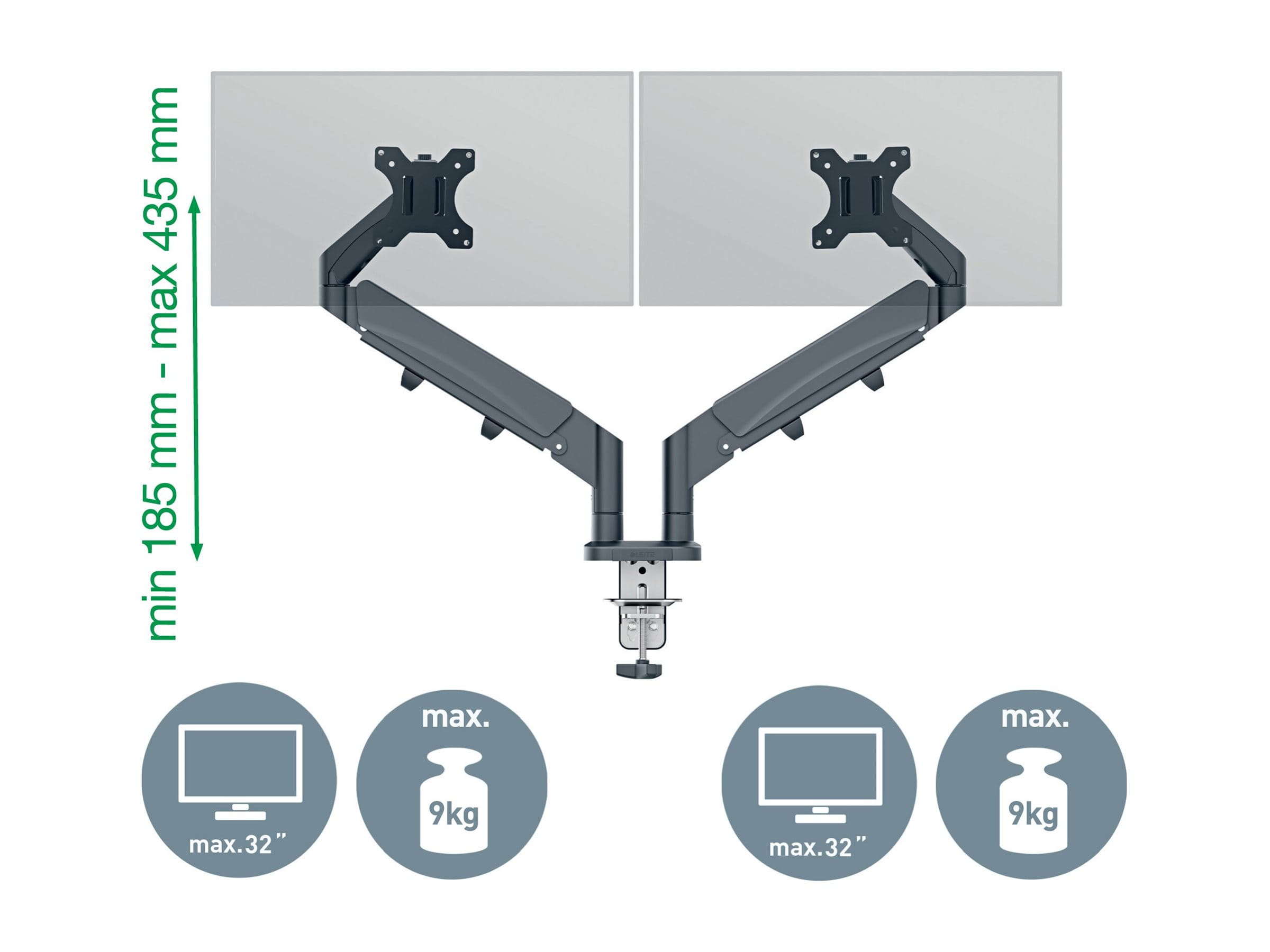 Esselte Leitz Ergo - Befestigungskit (spring-assisted dual arm) - für 2 LCD-Displays - space saving - Metall - Dunkelgrau - Bildschirmgröße: 43.2-81.3 cm (17"-32")