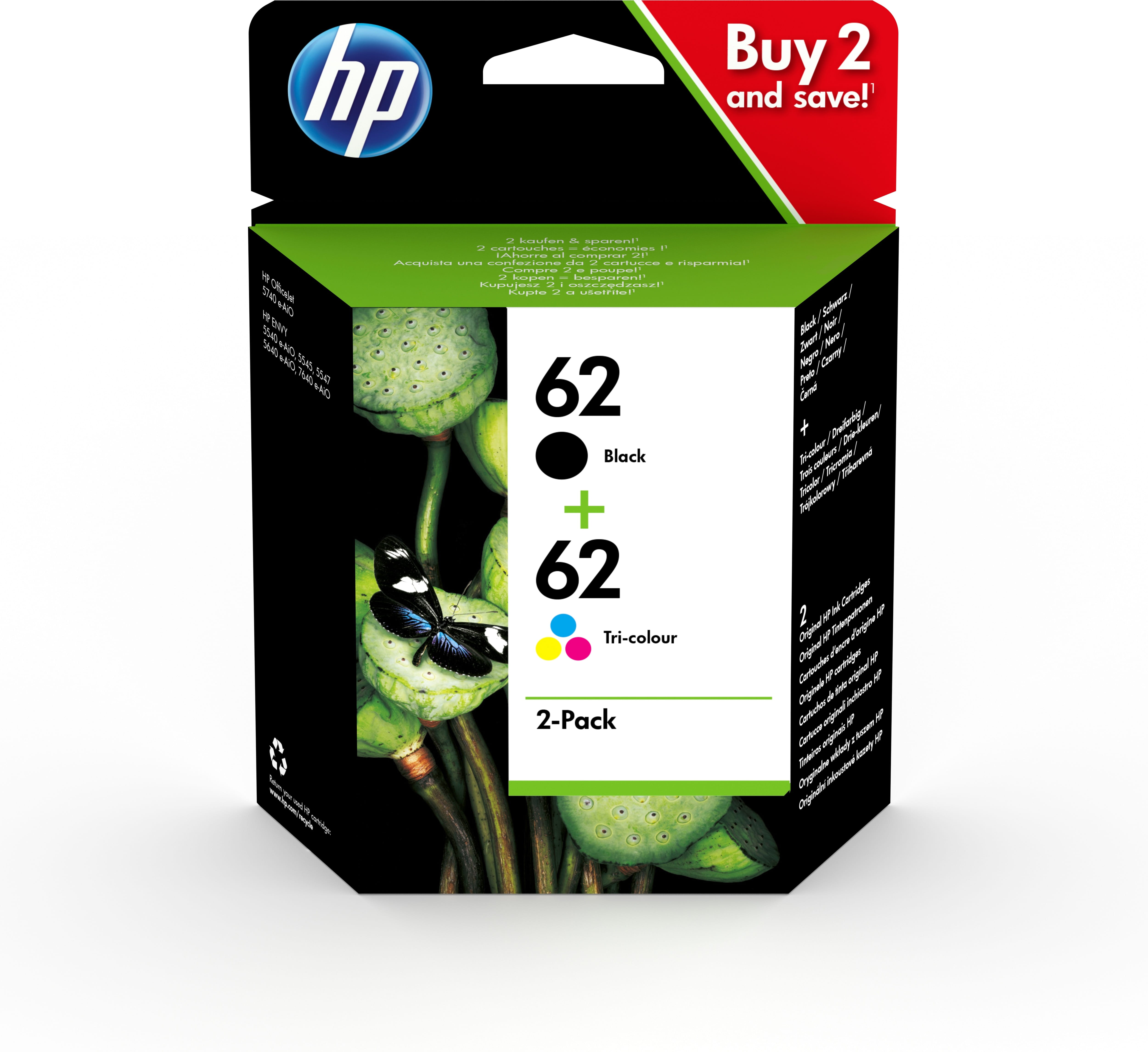 HP 62 Twin Pack - 2er-Pack - Schwarz, Farbe (Cyan, Magenta, Gelb)