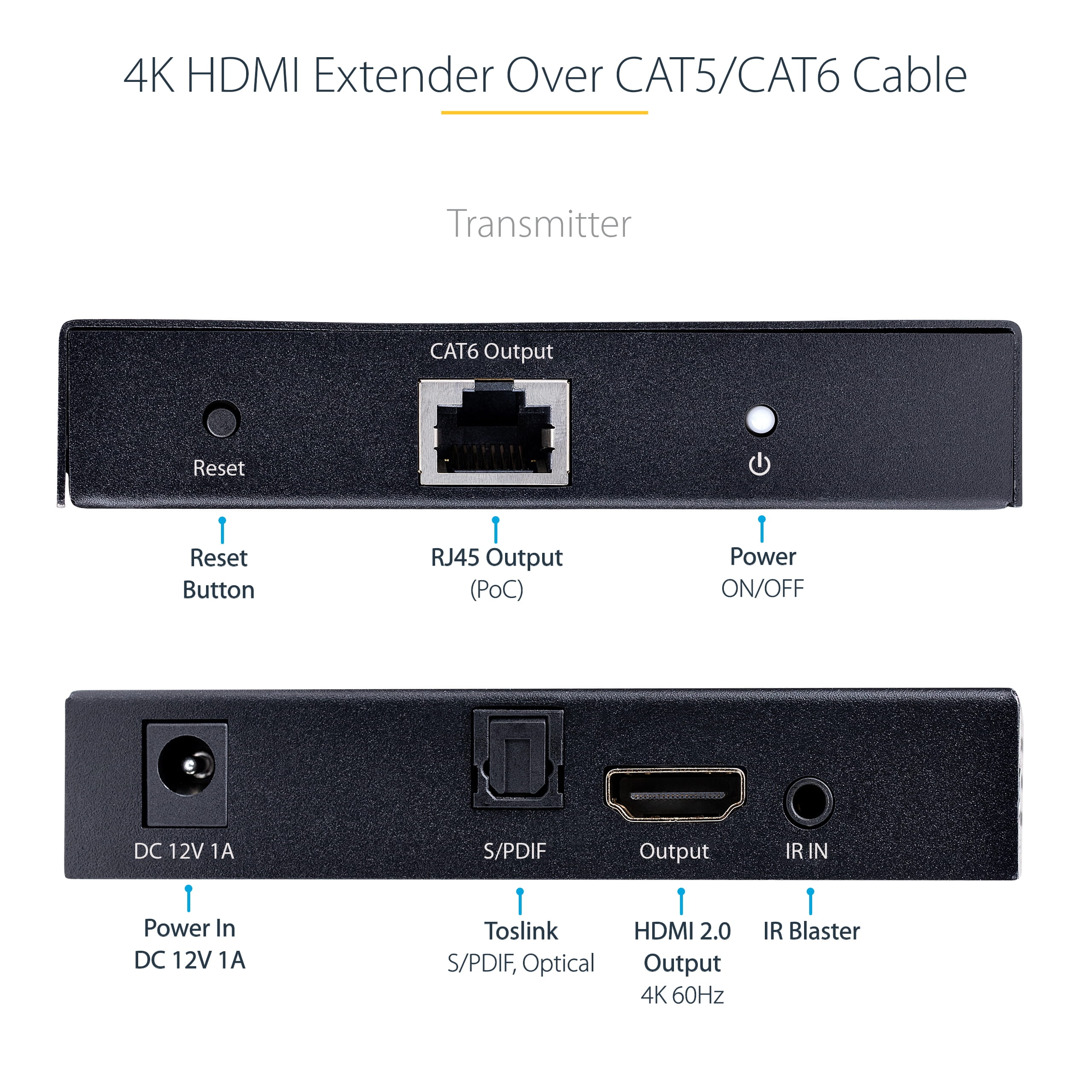 StarTech.com 4K HDMI Extender Over CAT5/CAT6 Cable, 4K 60Hz HDR Video Extender, Up to 230ft (70m)