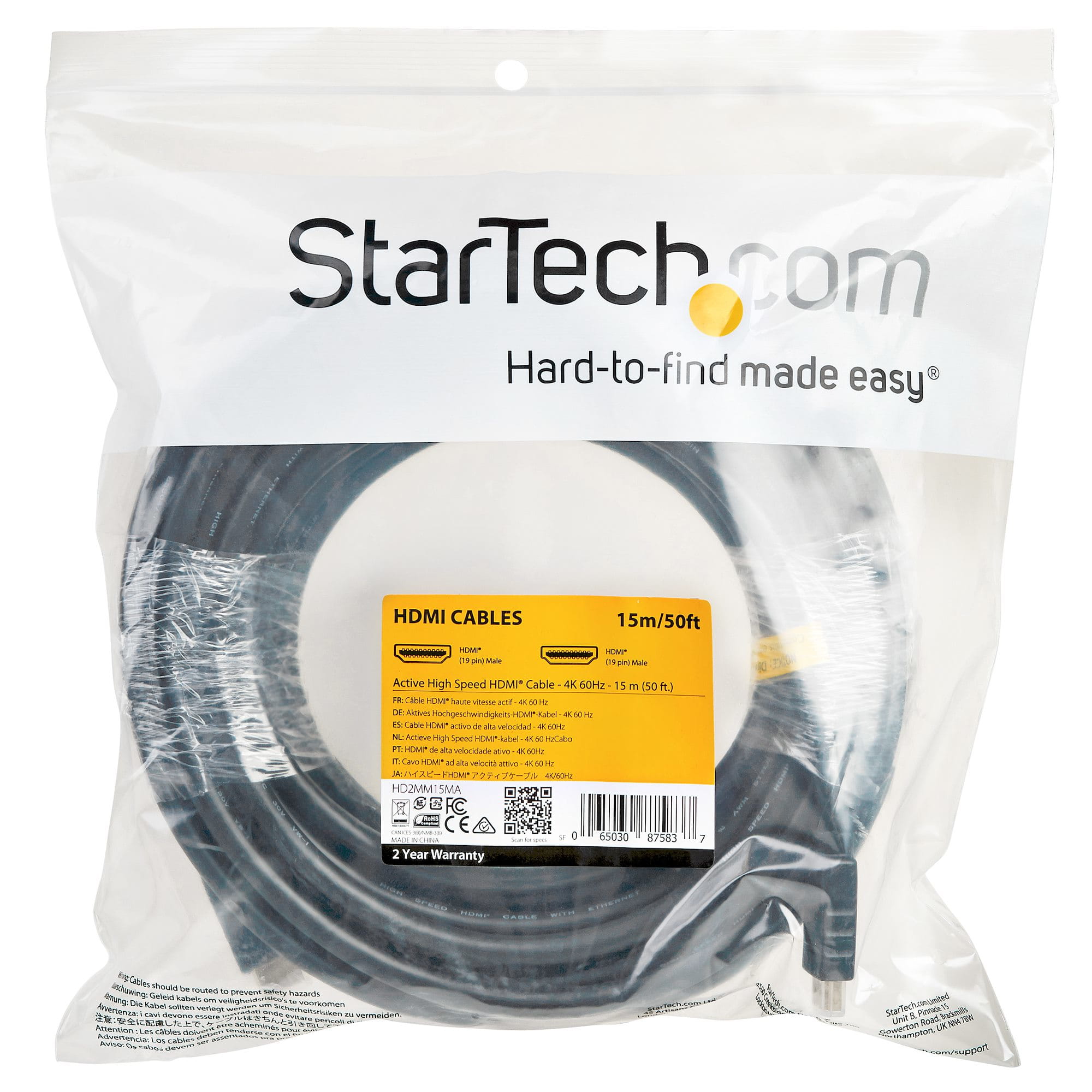 StarTech.com 15m(50ft) HDMI 2.0 Cable, 4K 60Hz Active HDMI Cable, CL2 Rated for In Wall Installation, Long Durable High Speed Ultra-HD HDMI Cable, HDR 10, 18Gbps, Male to Male Cord, Black - Al-Mylar EMI Shielding (HD2MM15MA)